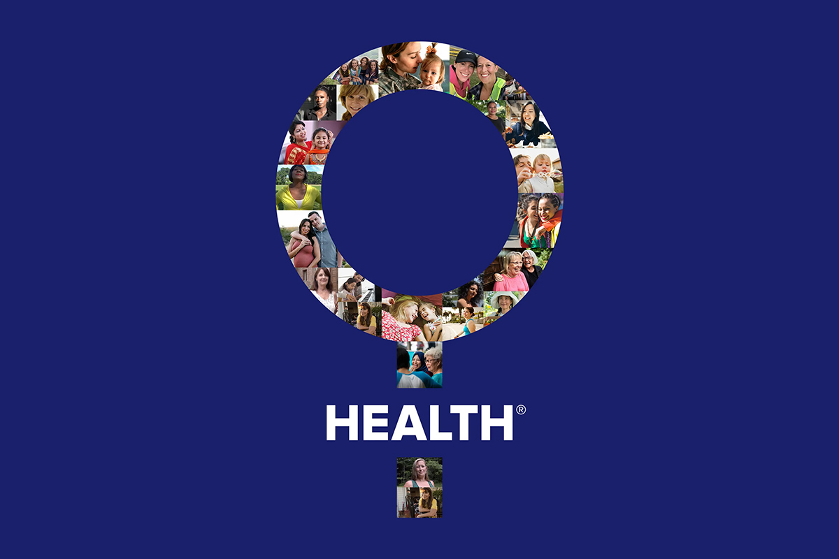 Women's health symbol made up of a collage of pictures on a navy blue background.