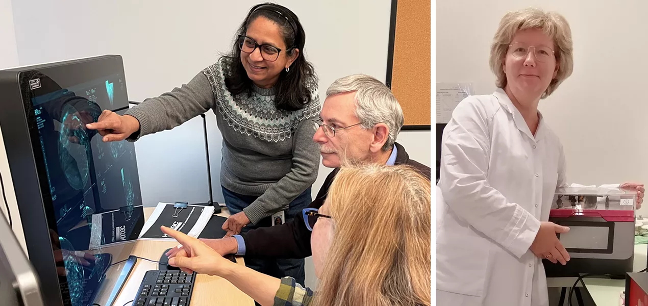 Team members looking at x-rays on monitor in an office setting.