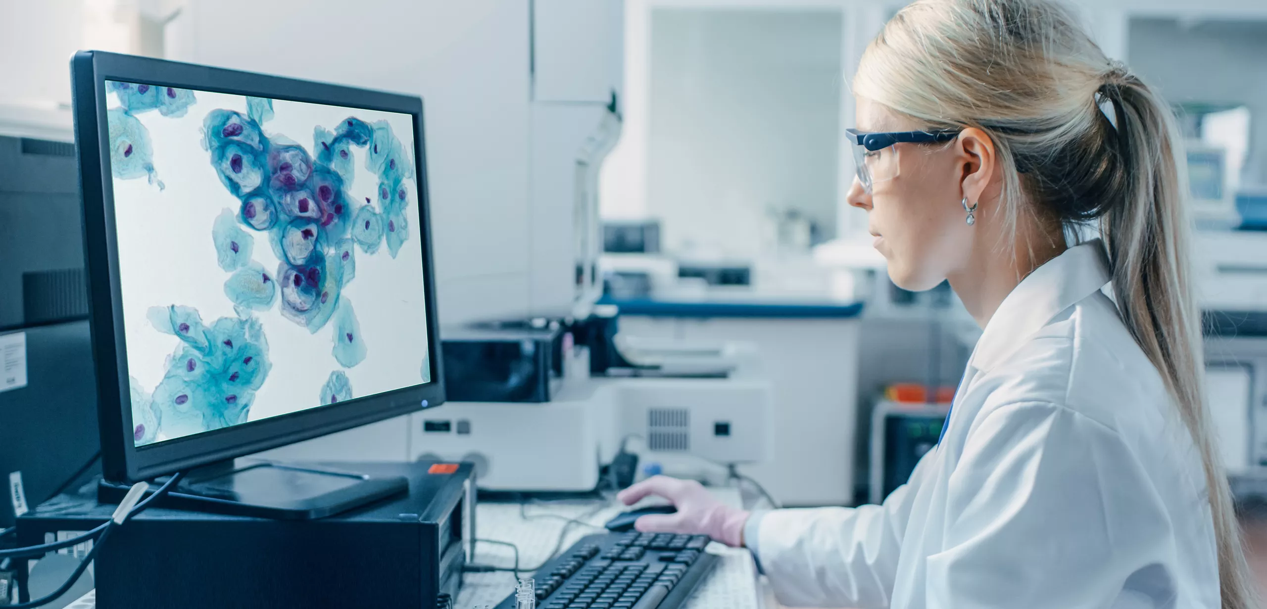 Technician interacting with computer looking at scans on a monitor in a lab setting.