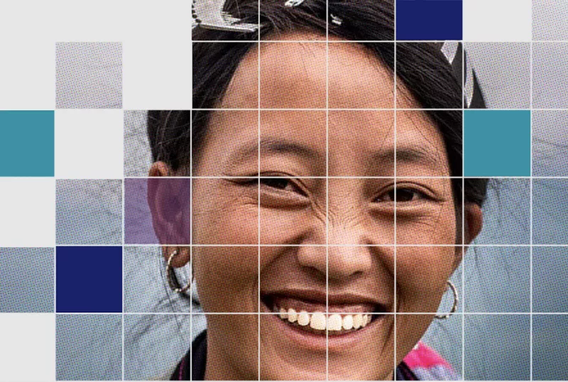 Tiled photograph featuring a smiling woman